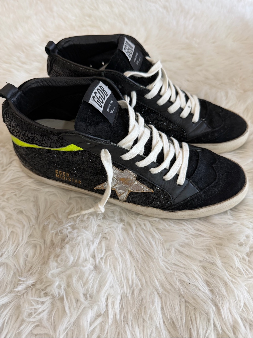 Golden Goose Black High-Top Sneakers with Silver Star and Neon Size 40 US 10